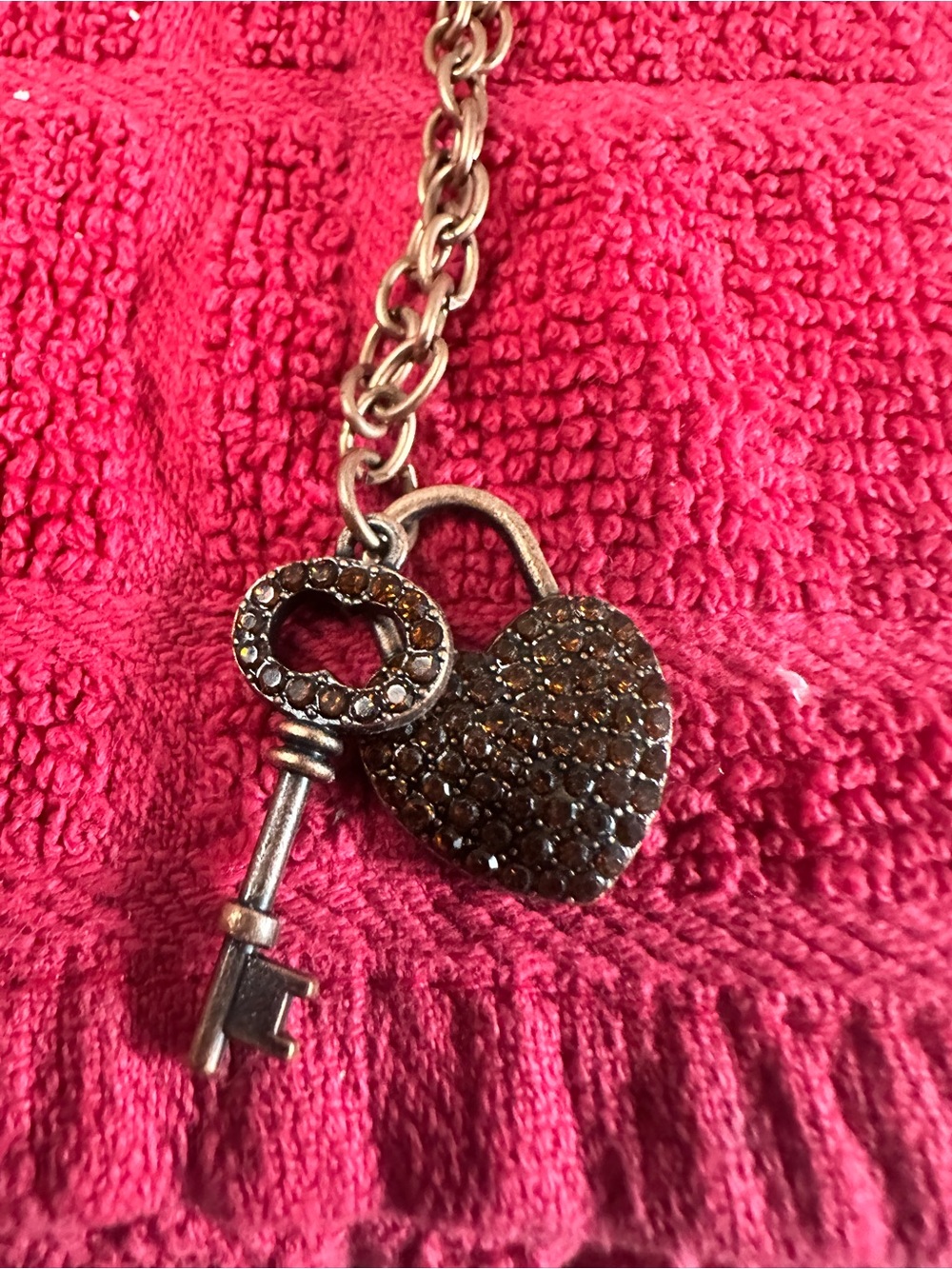 Heart Lock and Key Pendant Necklace in Brown Crystal
